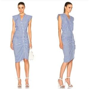 Veronica Beard Womens 2 Blue White Striped Ruched Button Shirt Dress